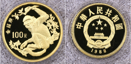 1988年8克珍稀野生动物金丝猴金币回收价格-第一黄金网
